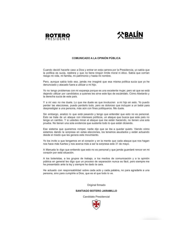 El candidato presidencial Santiago Botero Jaramillo rechaza las acusaciones de violencia intrafamiliar presentadas por su esposa en Cartagena - crédito Santiago Botero