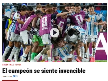 Titular de noticia sobre deporte, fútbol y Copa Mundial. Texto: Argentina 3 Suiza 1. Jugadores Messi, Álvarez, Martínez. Semifinal contra Inglaterra