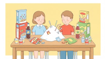 Ilustración de niña y niño sentados en mesa con pila de azúcar, cucharas y pajitas. Rodeados de cajas de cereal, botellas de gaseosa y yogures.