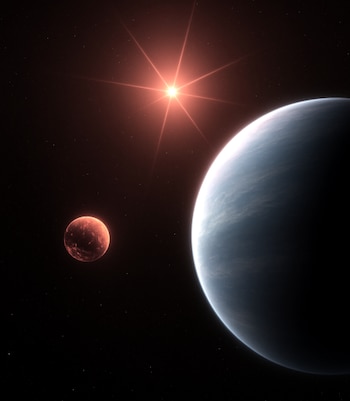 Representación del sistema planetario TOI-1752 y sus dos exoplanetas: el mundo de lava y el potencialmente habitable. (Alberto Peláez Torres / IAA-CSIC)