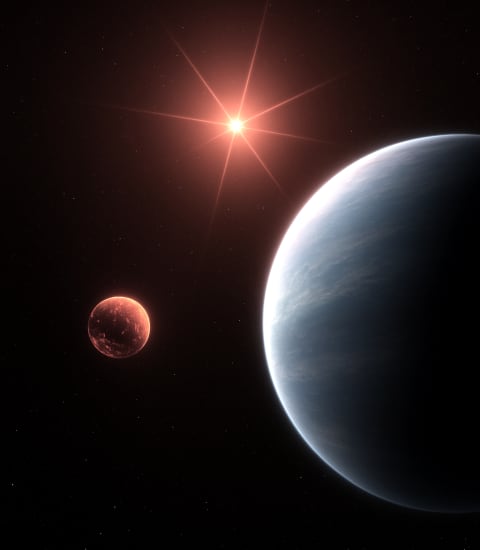 Representación del sistema planetario TOI-1752 y sus dos exoplanetas: el mundo de lava y el potencialmente habitable. (Alberto Peláez Torres / IAA-CSIC)