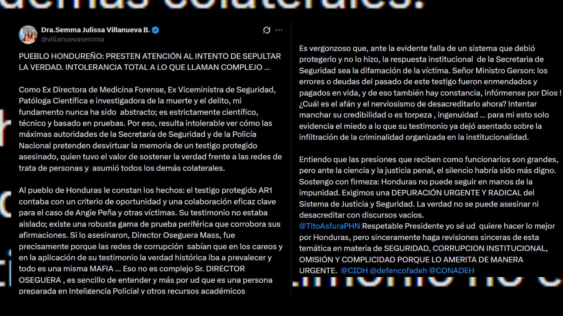 La exviceministra sostuvo que McNeil había colaborado formalmente con las investigaciones relacionadas con Angie Peña. (FOTO: X)
