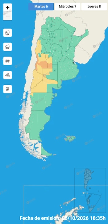 El SMN mantiene alertas amarillas y naranjas por tormentas, lluvias, nevadas y viento Zonda para este martes 6 de octubre