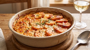 Plato de batatas gratinadas con queso, hierbas y pimienta en un recipiente de cerámica, con copa de vino blanco, cuchara y servilleta sobre mesa de madera.