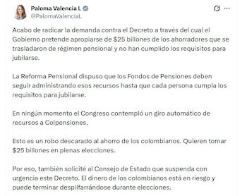 Paloma Valencia rechazó el decreto del Gobierno Petro que espera usar las pensiones de los colombianos - crédito @PalomaValenciaL/X
