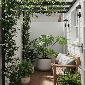 Un patio exterior decorado con una pérgola de metal cubierta de plantas con flores blancas, un banco de madera con cojines y varias plantas en macetas.