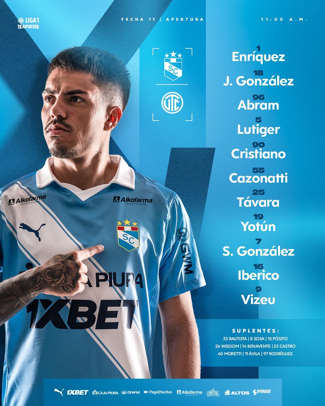 Once de Sporting Cristal para el duelo ante UTC por Liga 1 2026.