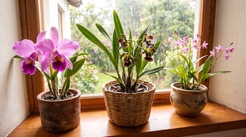 Tres macetas con orquídeas en flor sobre un alféizar de madera, con una ventana que muestra lluvia y vegetación exterior.