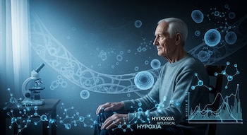 Hombre anciano sentado, microscopio, ventana, representaciones de células, vasos y moléculas, gráfico de datos y texto "HYPOXIA BIOLOGICAL" con tinte azul.
