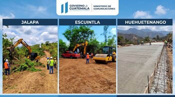 Tres imágenes muestran obras viales con maquinaria pesada, trabajadores, concreto y terreno en construcción. Logotipo del Gobierno de Guatemala y Ministerio de Comunicaciones.