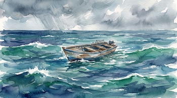 Ilustración en acuarela de una panga 'The Husther' con redes y nazas, flotando en el mar con olas y un cielo gris que muestra lluvia.