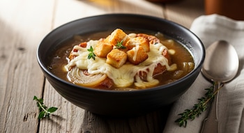 Primer plano de un tazón negro lleno de sopa de cebolla casera con queso derretido, crutones tostados y ramitas de tomillo fresco, sobre una mesa de madera.