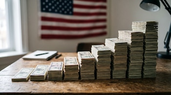 Pilas de billetes estadounidenses organizadas de menor a mayor sobre una mesa de madera, con una bandera de Estados Unidos al fondo.