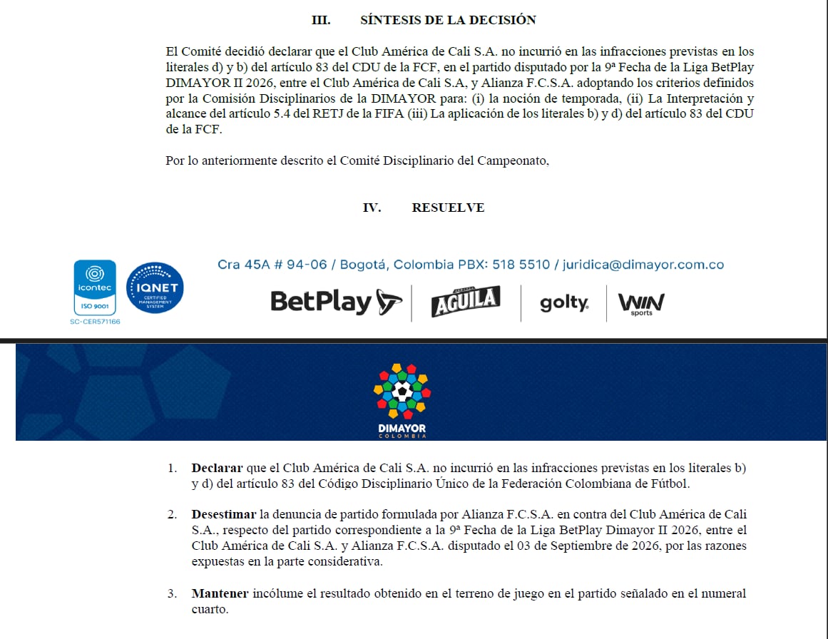 El Comité Disciplinario concluyó que América de Cali no incurrió en alineación indebida en los partidos cuestionados-crédito Dimayor