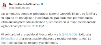 Norma Hurtado Sánchez rechazó las intimidaciones contra el procurador y exigió a la Fiscalía una investigación rigurosa y resultados oportunos. - crédito @normahurtados/X
