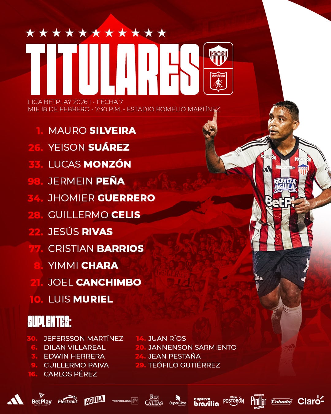 Formación del Junior de Barranquilla para recibir al América de Cali - crédito Junior FC
