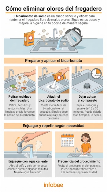Infografía ilustrada que muestra seis paneles con instrucciones paso a paso para eliminar olores del fregadero usando bicarbonato de sodio, agua y limpieza.