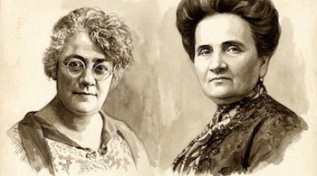 Ilustración sepia de dos mujeres. Una con cabello rizado y gafas redondas. La otra con cabello recogido y collar. Fondo claro con manchas de acuarela.