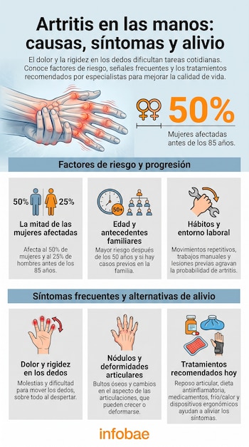 Infografía sobre artritis en las manos con ilustración de manos doloridas, datos de afectación por género, factores de riesgo, síntomas y tratamientos.
