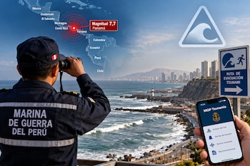 Un oficial mira la costa con binoculares junto a un mapa sísmico de Panamá, un cartel de evacuación por tsunami y un teléfono inteligente