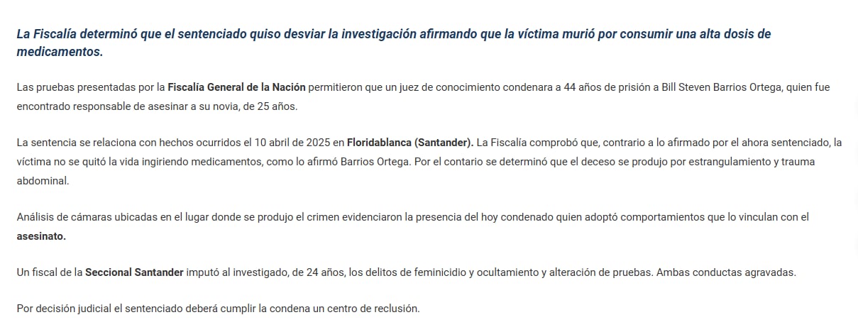 Medicina Legal estableció estrangulamiento y trauma abdominal; Barrios Ortega había dicho que Angie Tatiana Ortiz Acevedo se suicidó, pero la Justicia lo sentenció a 44 años - crédito Fiscalía General de la Nación