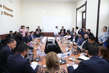 Un grupo de diputados y funcionarios sentados alrededor de una mesa grande en una sala de reuniones. Hay micrófonos, documentos, laptops y botellas de agua sobre la mesa