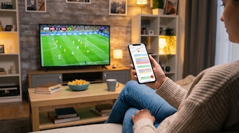 Vista trasera de una persona sentada en un sofá, mirando el calendario en su celular con un partido de fútbol en la TV de fondo en su living.