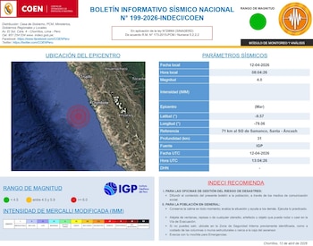 Boletín informativo sísmico que muestra un mapa satelital del epicentro de un sismo cerca de Samanco, Áncash, Perú, con datos de magnitud 4.0 y profundidad