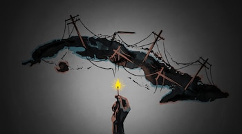 Silueta oscura de Cuba con postes y cables caídos sobre fondo gris y una mano que sostiene una cerilla encendida en la parte inferior.