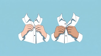 Ilustración de dos manos: una femenina abotonando una camisa blanca (botones a la izquierda) y una masculina abotonando otra (botones a la derecha), fondo celeste.