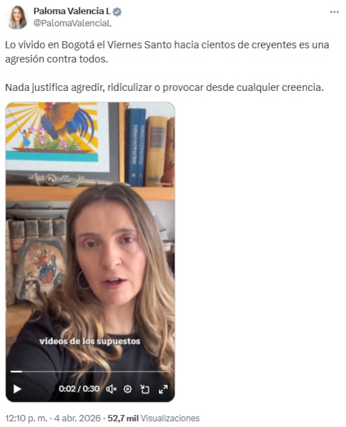 Paloma Valencia criticó ausencia de protección a la libertad religiosa ante ataques a feligreses - crédito @PalomaValenciaL/X