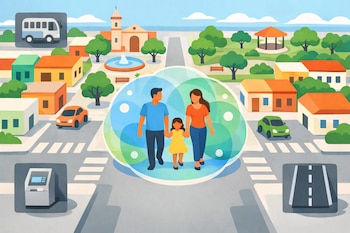 Vista aérea de una ciudad con edificios, calles, árboles, plaza. Familia de tres personas camina entre burbujas. Íconos de bus, cajero automático y carretera.
