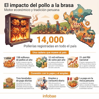 Infografía con rotisería de pollos, agricultores, mapa de Perú con actividades económicas, pollería, repartidores, dinero, gráfico PBI, plato de pollo con papas y texto.