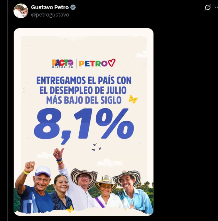 Gustavo Petro compartió una imagen en la que se lee que entregaron el país con la tasa de desempleo más baja del siglo XXI - crédito @petrogustavo/x