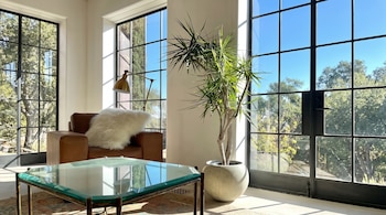 Sala interior con ventanales amplios, sillón de cuero marrón, cojín blanco, lámpara dorada, mesa de cristal verde, planta en maceta redonda, árboles.
