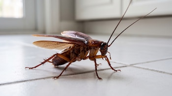 Una cucaracha de color marrón rojizo con antenas largas y alas entreabiertas sobre un suelo de baldosas blancas.