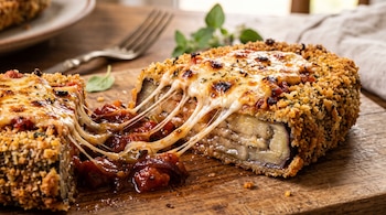 Milanesa de berenjena rebozada y cortada sobre una tabla de madera, con salsa de tomate y queso derretido entre ambas partes.
