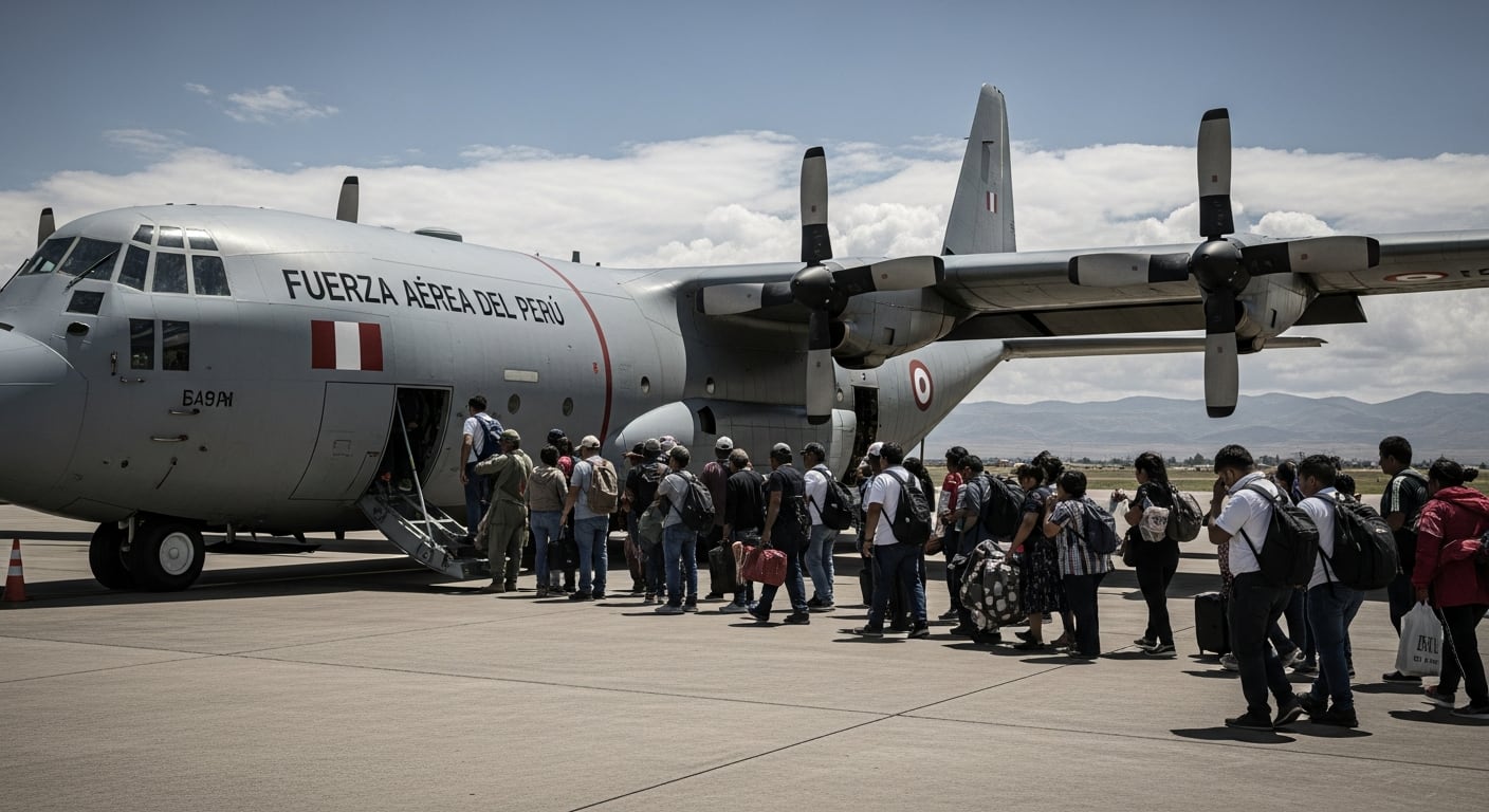 Ciudadanos peruanos abordan un avión de la Fuerza Aérea del Perú para ser repatriados en un vuelo humanitario desde Bolivia. (Imagen Ilustrativa Infobae)