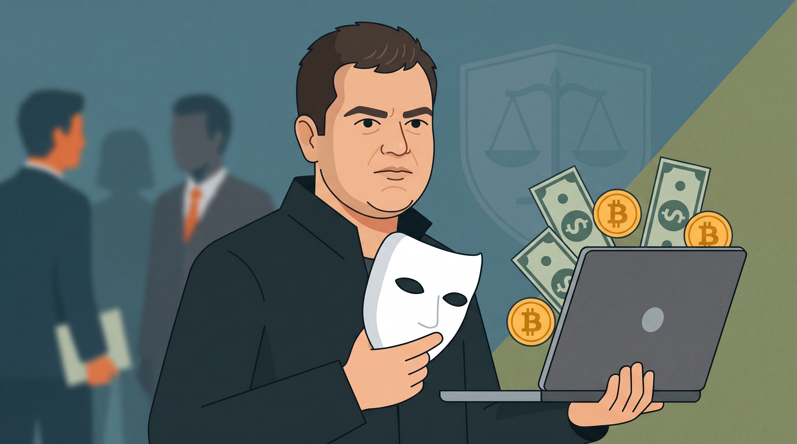 Ernesto Ortega Padgett, con una máscara en mano y una laptop de la que emergen dólares y Bitcoins, ilustra la complejidad y el posible engaño en las finanzas digitales. (Imagen Ilustrativa Infobae)