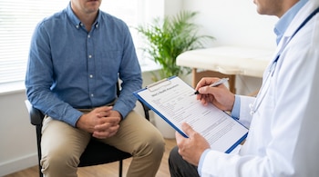 Un doctor con bata blanca y un paciente en camisa azul y pantalón caqui conversan. El doctor sostiene un portapapeles con un formulario.