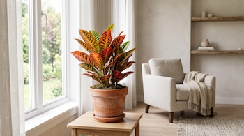 Planta de croton en maceta de terracota sobre una mesa de madera junto a una ventana, con un sillón al fondo.