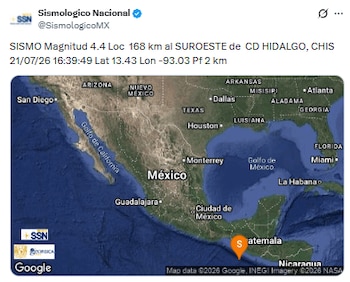 Sismo de magnitud 4.4 en Ciudad, Hidalgo Chiapas este 21 de julio. (X/ @SismologicoMX)