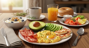 Una mesa de madera presenta un variado desayuno con huevos revueltos, tocino, aguacate, salmón, bagel, yogur, café y jugo de naranja.