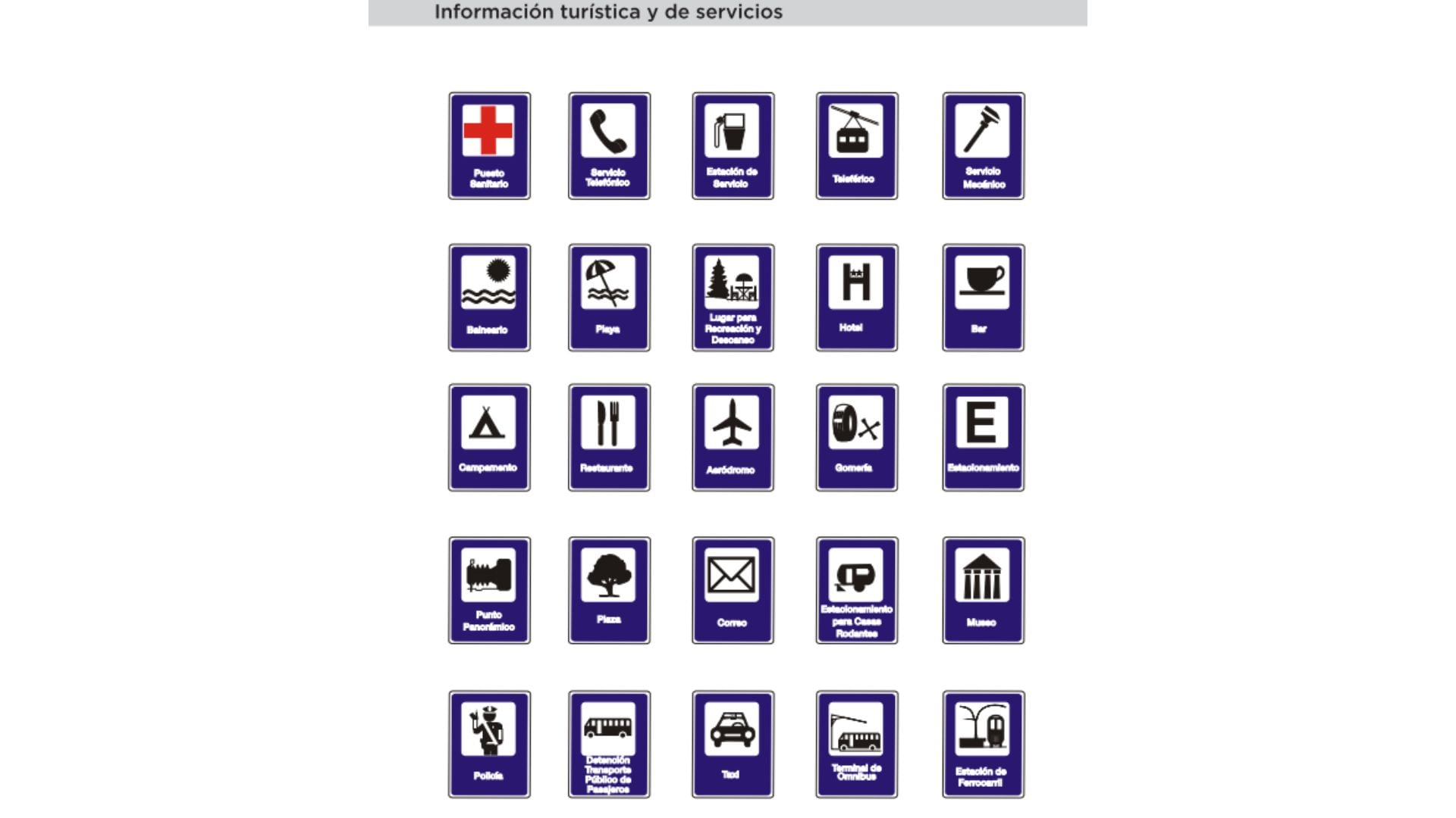 Las señales de información turística y de servicios identifican estaciones de servicio, hospitales, alojamientos, restaurantes, áreas de descanso, museos, plazas, monumentos, reservas naturales, playas y rutas panorámicas