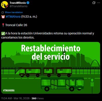 TransMilenio restablece operación en la estación Universidades tras suspensión por seguridad - crédito @TransMilenio/X