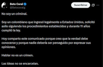 Coral aseguró que lleva 11 años con permisos legales en Estados Unidos, entre ellos permiso de trabajo, número de Seguro Social y otros documentos - crédito @Betocoralg/X