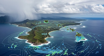 Vista aérea de las islas Hawái, incluyendo Maui, el océano, montañas, nubes de tormenta y superposición de mapa meteorológico con líneas y formas de color.