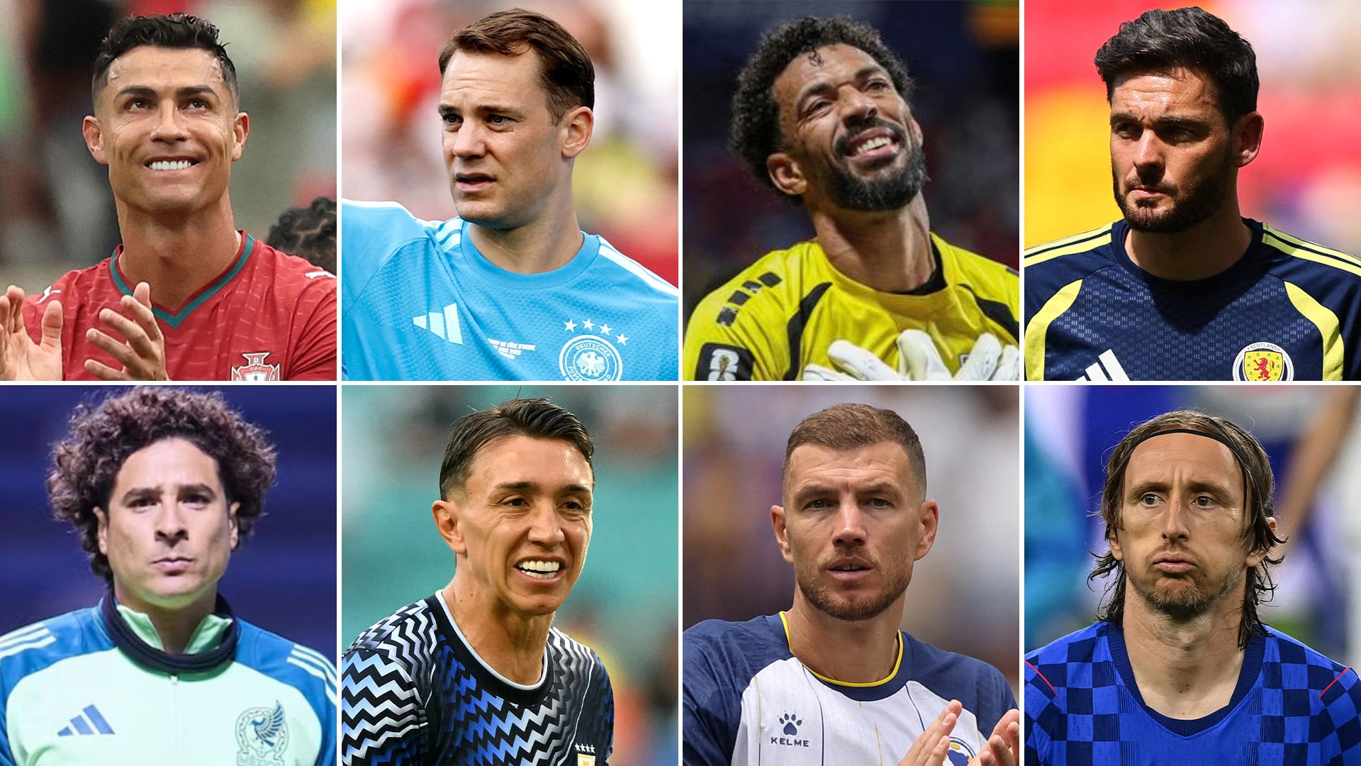 Arriba: Cristiano Ronaldo, Manuel Neuer, Vozinha, Craig GordonAbajo: Guillermo Ochoa, Fernando Muslera, Edin Džeko y Luka Modric