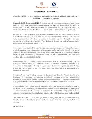 La Aeronáutica Civil aseguró que está reforzando la seguridad operacional y adelantando trabajos de mantenimiento y modernización en varios aeropuertos del país - crédito Aeronáutica Civil