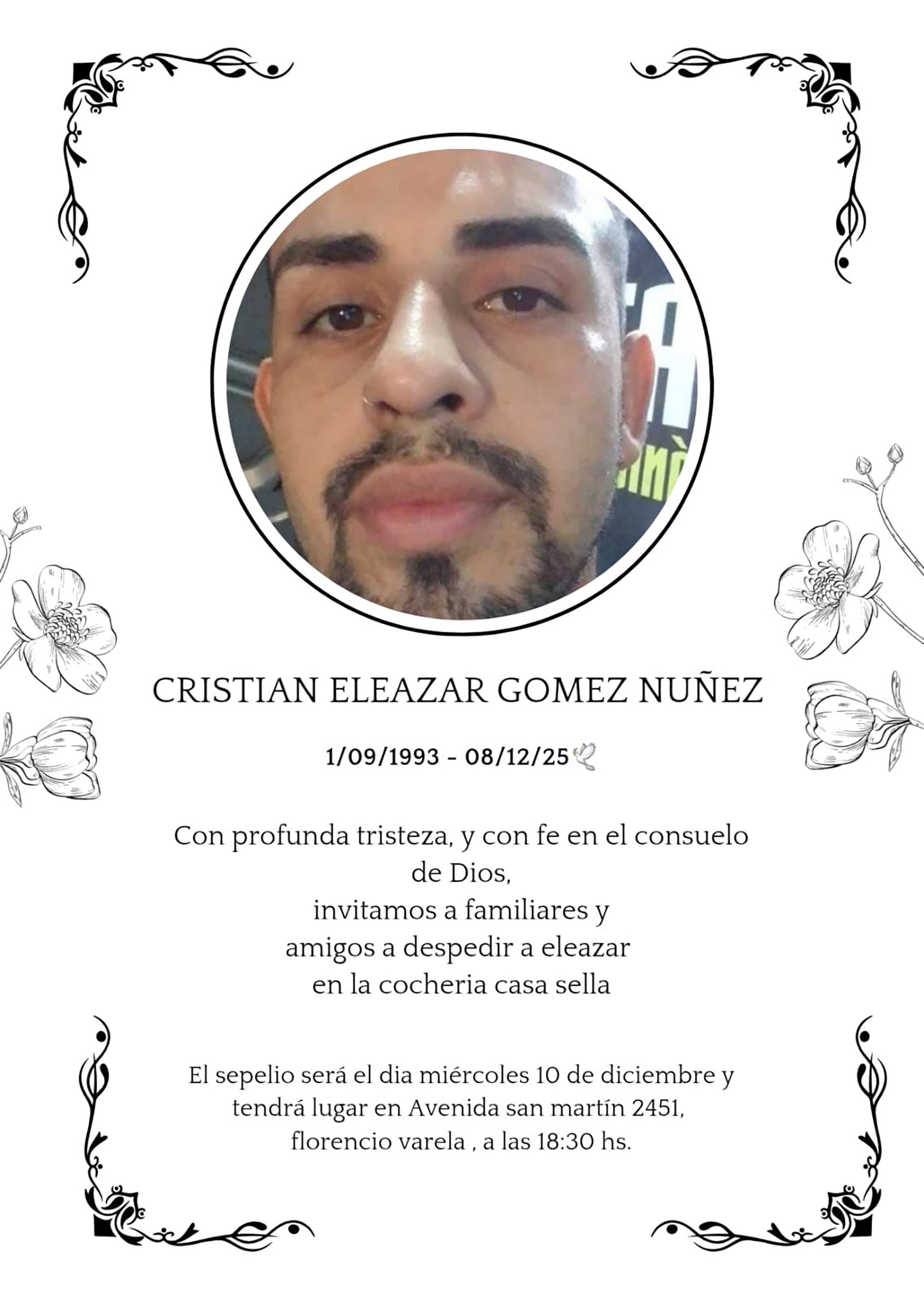 La última despedida a Cristian será este miércoles 10 de diciembre en una sala velatoria de Florencio Varela